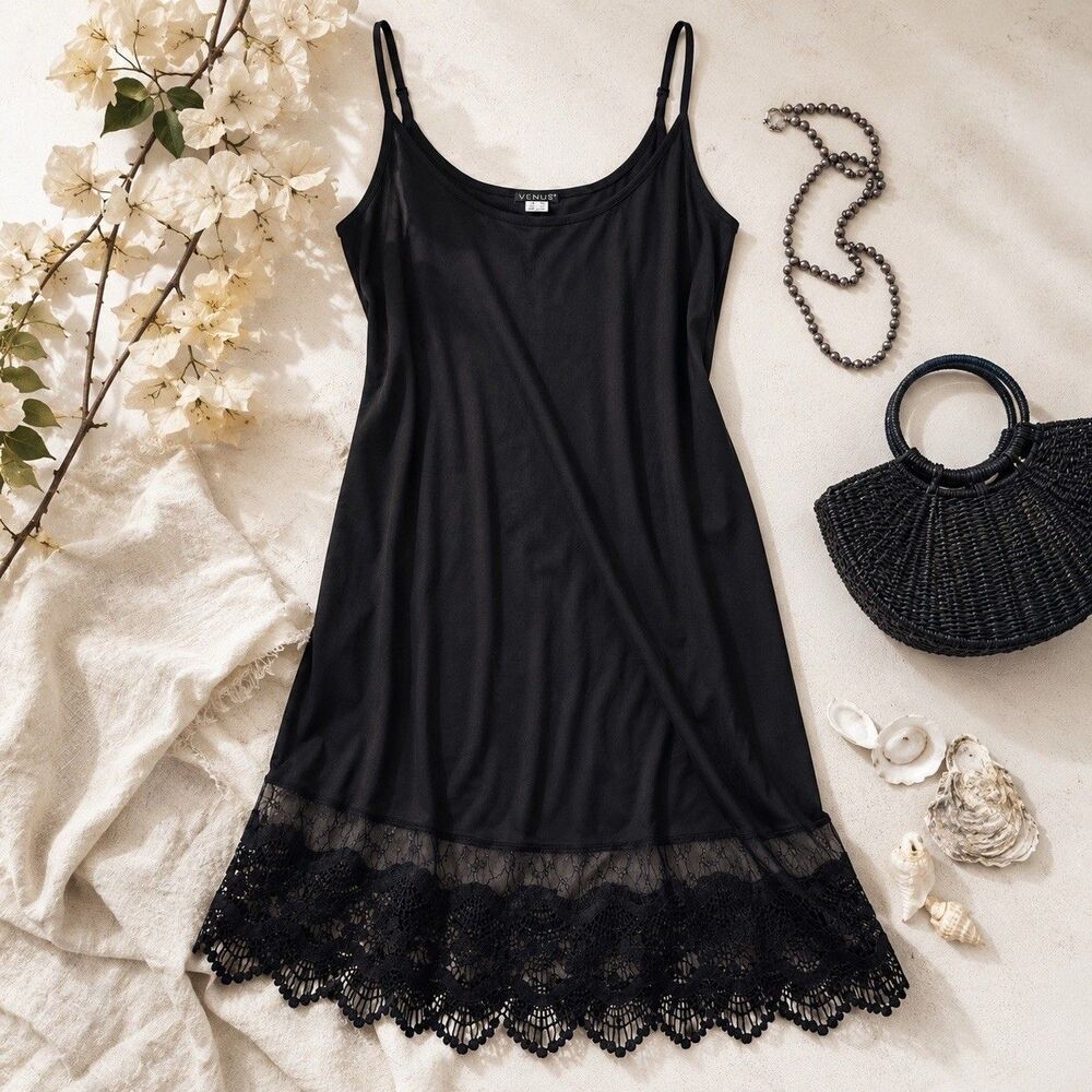 Venus 2X Black Lace Hem Slip Dress Adjustable Straps